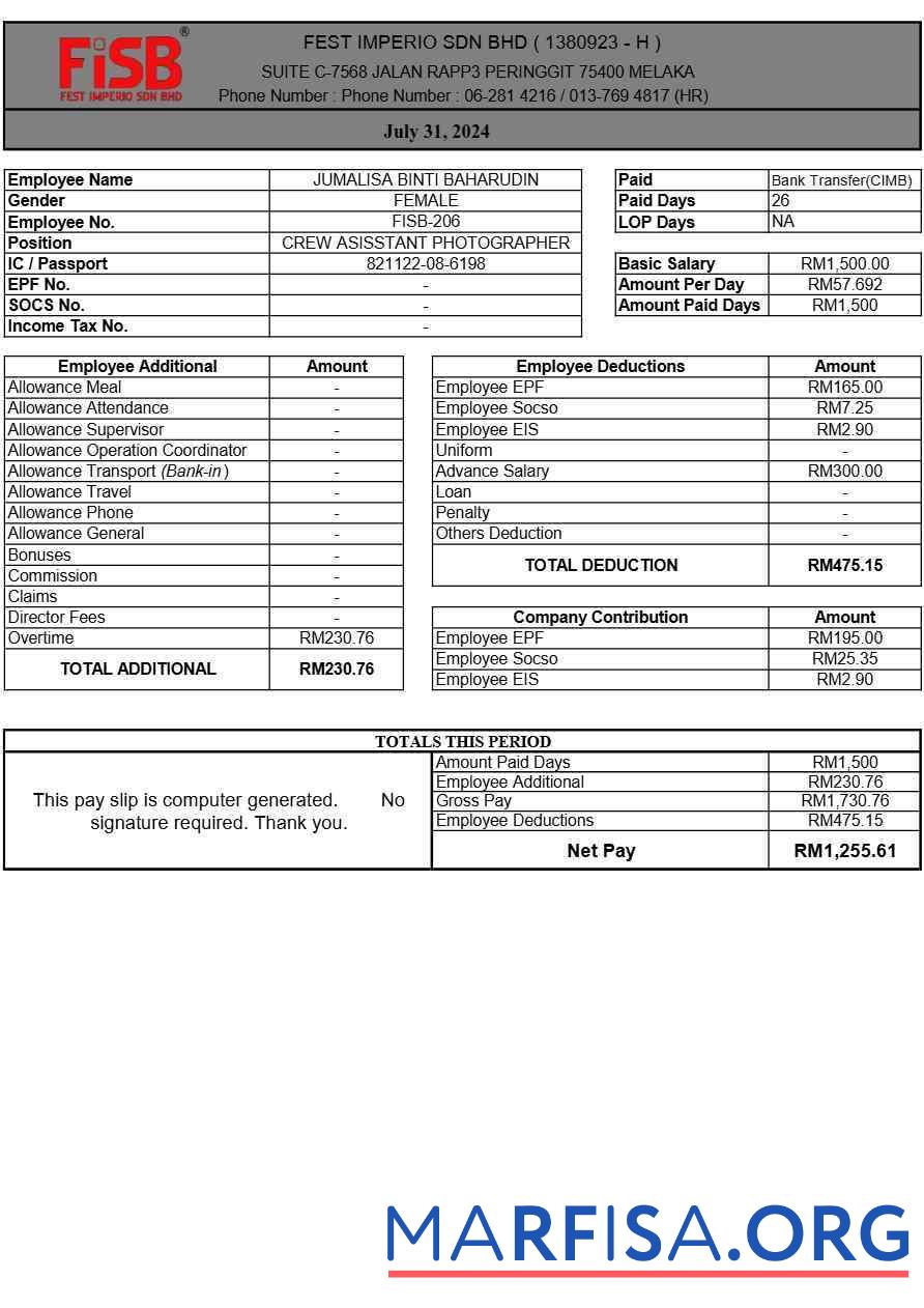 Downloadable Fest Imperio payslip sample